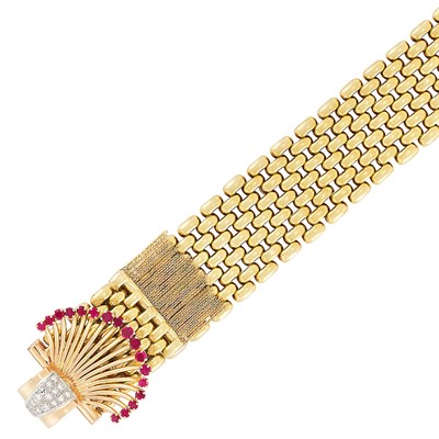 Lot 374 - Two-Color Gold, Platinum, Ruby and Diamond Fringe Bracelet, Marchak, Paris
