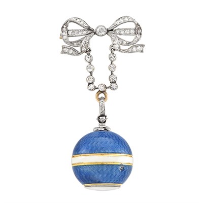 Lot 318 - Belle Époque Platinum, Gold, Diamond and Guilloché Enamel Lapel Ball Watch