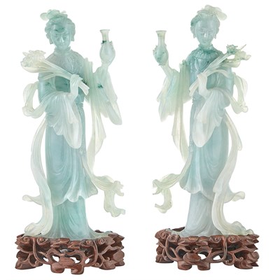 Lot 96 - Pair of Chinese Pale Green Jadeite Figures of...
