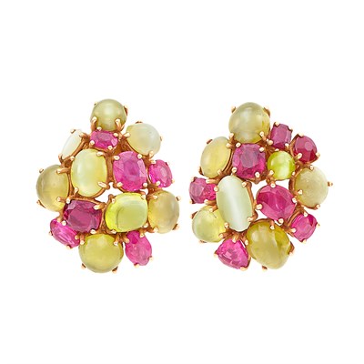 Lot 370 - Pair of Gold, Cat's Eye Chrysoberyl and Ruby Earclips