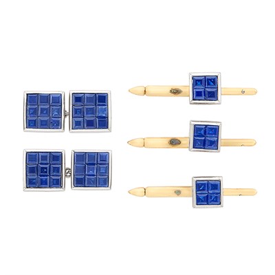 Lot 128 - Pair of Platinum, Gold and Invisibly-Set Sapphire Cufflinks, Aletto Brothers