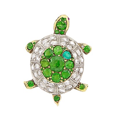 Lot 124 - Antique Silver, Gold, Demantoid Garnet and Diamond Turtle Pin