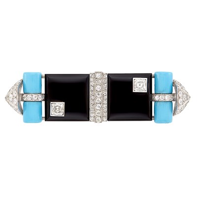Lot 322 - Platinum, White Gold, Black Onyx, Turquoise Enamel and Diamond Brooch, Georges Fouquet, France