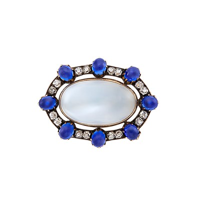 Lot 113 - Antique Silver, Gold, Moonstone, Cabochon Sapphire and Diamond Brooch