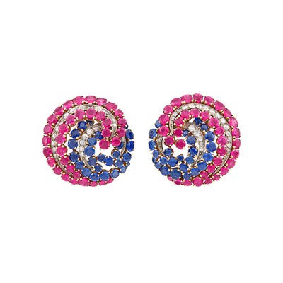 Lot 373 - Pair of Gold, Platinum, Ruby, Sapphire and Diamond Earclips