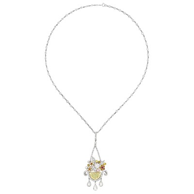 Lot 315 - Platinum, Gold, Diamond, Light Yellow Diamond and Colored Diamond Pendant with White Gold and Diamond Chain Necklace