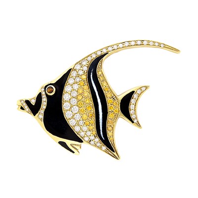 Lot 256 - Gold, Enamel, Diamond and Yellow Diamond Fish Brooch, by Henryk Kaston