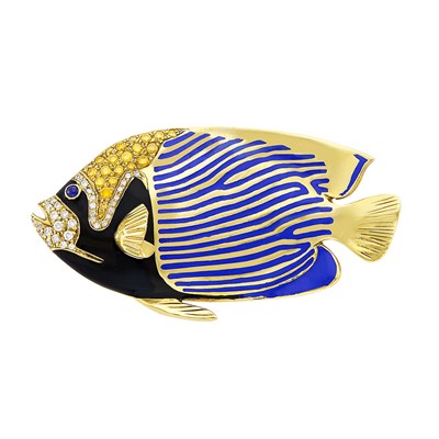 Lot 264 - Gold, Enamel, Diamond, Yellow Diamond and Cabochon Sapphire Fish Pendant-Brooch, by Henryk Kaston