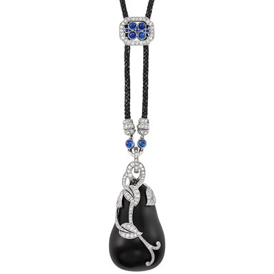Lot 326 - Black Cord, Platinum, Diamond and Cabochon Sapphire Necklace, Cartier, with Black Onyx, Platinum and Diamond Pear Pendant