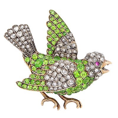 Lot 122 - Antique Silver, Gold, Demantoid Garnet, Diamond and Cabochon Ruby Bird Brooch, France
