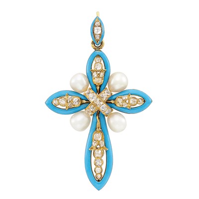 Lot 220 - Antique Gold, Turquoise Enamel, Cultured Pearl and Diamond Cross Pendant, France