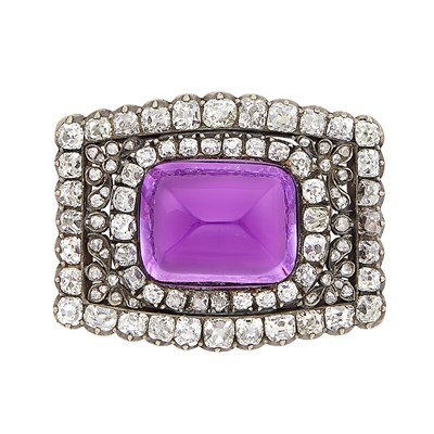 Lot 114 - Antique Silver, Gold, Cabochon Amethyst and Diamond Brooch