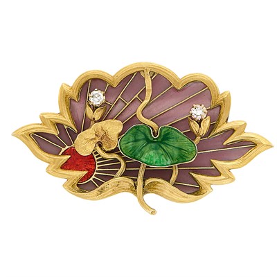 Lot 212 - Art Nouveau Gold, Enamel and Diamond Leaf Brooch