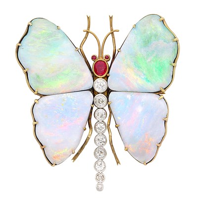 Lot 305 - Antique Gold, Platinum, Boulder Opal, Ruby and Diamond Butterfly Brooch