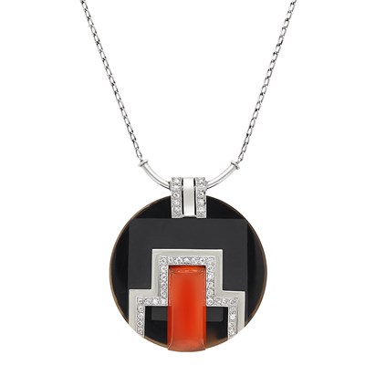 Lot 323 - Black and Red Agate, Platinum and Diamond Pendant-Necklace