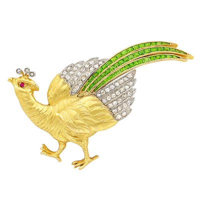 Lot 125 - Antique Gold, Platinum, Diamond and Demantoid Garnet Pheasant Brooch