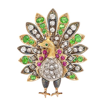 Lot 121 - Antique Gold, Silver, Demantoid Garnet, Diamond and Ruby Peacock Pin