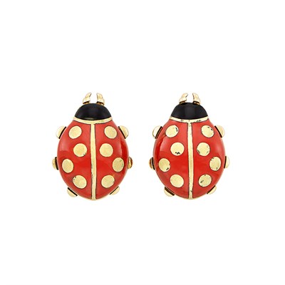 Lot 22 - Pair of Gold and Enamel Ladybug Earrings, Cartier
