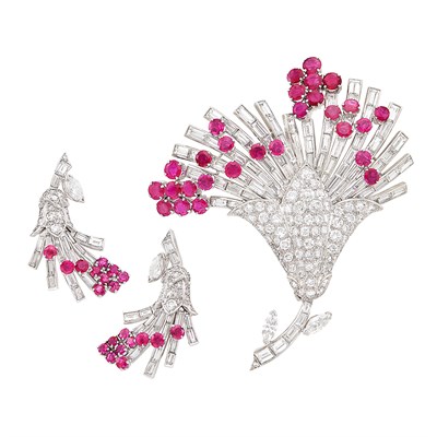Lot 388 - Platinum, Ruby and Diamond Clip-Brooch and Pair of Earclips