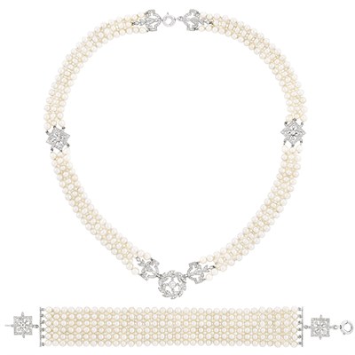 Lot 104 - Belle Époque Pearl, Platinum and Diamond Necklace and Bracelet
