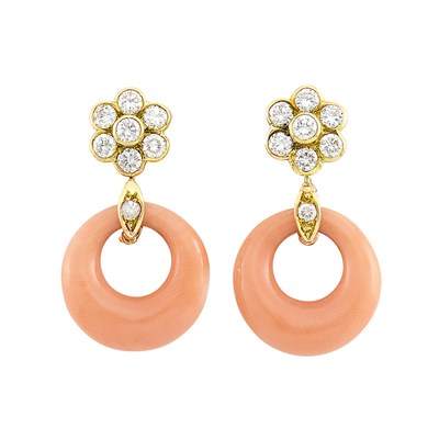 Lot 253 - Pair of Gold, Diamond and Coral Pendant-Earrings, Van Cleef & Arpels, France