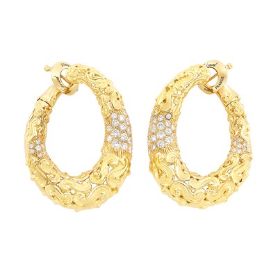 Lot 232 - Pair of Gold and Diamond Hoop Earclips, M. Gerard, France