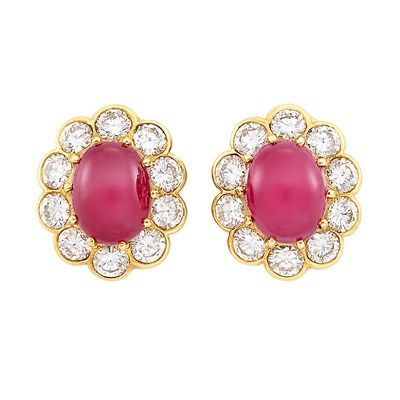 Lot 34 - Pair of Gold, Cabochon Ruby and Diamond Earrings, Van Cleef & Arpels