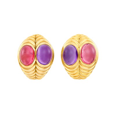 Lot 285 - Pair of Gold, Cabochon Amethyst and Pink Tourmaline Earclips, Bulgari