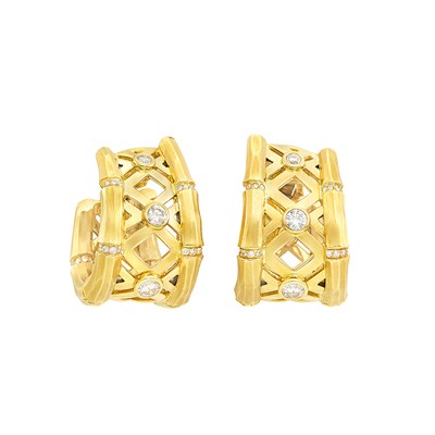 Lot 332 - Pair of Gold and Diamond Bamboo Hoop Earrings, Cartier, France