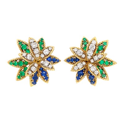 Lot 358 - Pair of Gold, Sapphire, Emerald and Diamond Flower Earclips