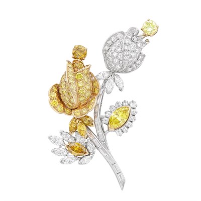 Lot 290 - Platinum, Gold, Colored Diamond and Diamond Double Rose Brooch, Oscar Heyman & Brothers