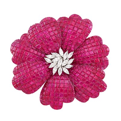 Lot 79 - White Gold, Invisibly-Set Ruby and Diamond Flower Brooch, Alexis
