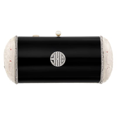 Lot 330 - Gold, Platinum, Black and Red Enamel, Carved White Jade, Pearl and Diamond Vanity, France