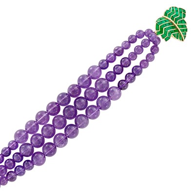 Lot 346 - Triple Strand Amethyst Bead Bracelet with Gold and Emerald Leaf Clasp, René Boivin