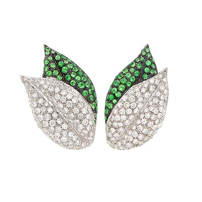 Lot 71 - Pair of White and Blackened Gold, Diamond and Tsavorite Garnet Leaf Earclips