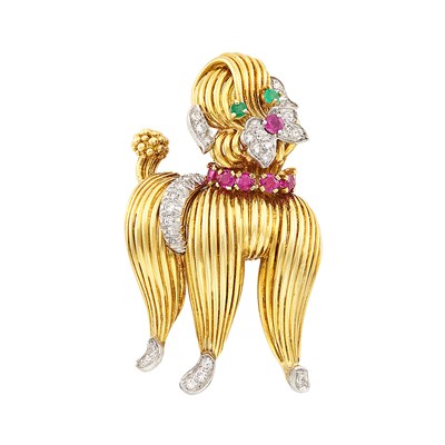 Lot 362 - Gold, Platinum, Diamond, Ruby and Emerald Dog Clip-Brooch, Tiffany & Co.