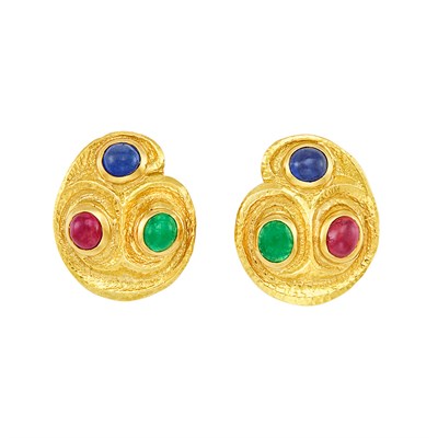 Lot 226 - Pair of Hammered Gold and Cabochon Colored Stone Earrings, David Webb