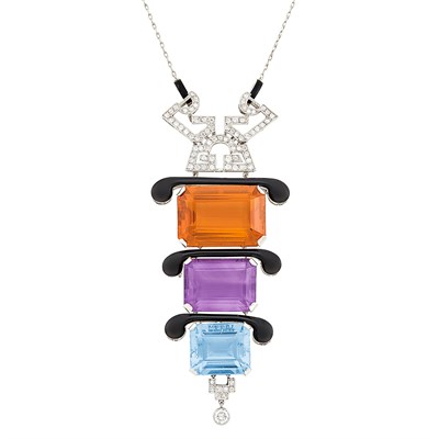 Lot 325 - Platinum, Citrine, Amethyst, Blue Topaz, Diamond and Black Enamel Pendant/Brooch-Necklace