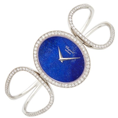 Lot 56 - White Gold, Lapis and Diamond Bangle-Watch, Chopard