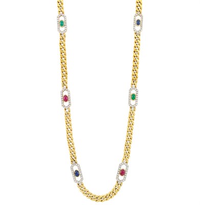 Lot 62 - Long Gold, Diamond and Cabochon Colored Stone Curb Link Necklace