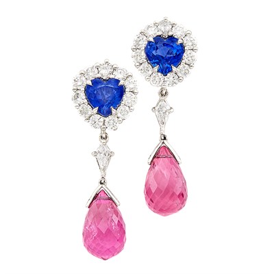 Lot 45 - Pair of Platinum, Sapphire, Diamond and Pink Tourmaline Briolette Pendant-Earclips
