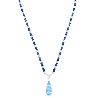 Lot 300 - Platinum, Sapphire, Diamond and Aquamarine Pendant-Necklace