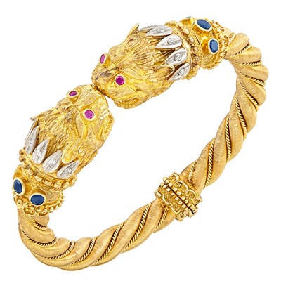 Lot 222 - Gold, Diamond and Gem-Set Animal Head Bangle Bracelet, Ilias Lalaounis