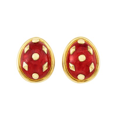 Lot 245 - Pair of Gold and Red Paillonné Enamel Earclips, Tiffany & Co., Schlumberger