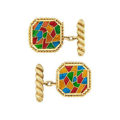 Lot 136 - Pair of Gold and Plique-à-Jour Enamel Cufflinks, Carvin French
