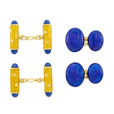 Lot 147 - Two Pairs of Gold, Blue and Yellow Enamel and Lapis Cufflinks, Carvin French