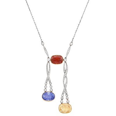 Lot 107 - Belle Époque Platinum, Gold, Garnet, Sapphire, Golden Sapphire and Diamond Lavaliere