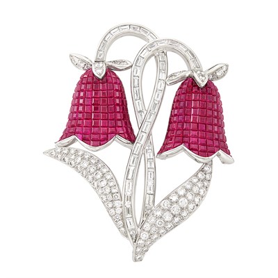 Lot 391 - Platinum, Invisibly-Set Ruby and Diamond Flower Clip-Brooch