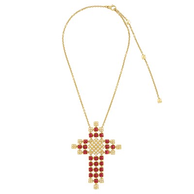 Lot 241 - Gold, Cabochon Garnet and Diamond Pendant-Necklace