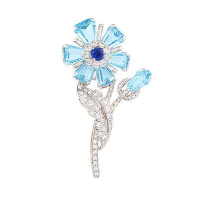 Lot 383 - Platinum, Aquamarine, Diamond and Cabochon Sapphire Flower Clip